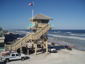 Lifeguard stand overlooking ocean at Dunlawton entrance to the beach.